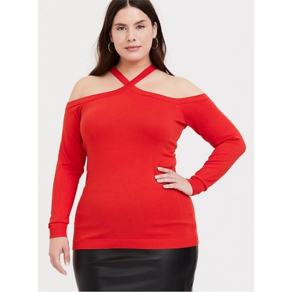 torrid Sweaters - Torrid Valiant Poppy Long Sleeve Cross Neck Cold Shoulder Sweater